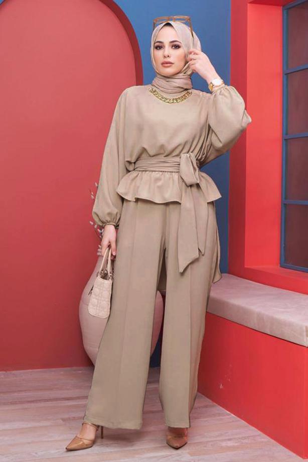 Vêtements hijab  CHAIN DETAIL TIED WAIST 2-PIECE PANTS SUIT 73051 - TRENDTESETTÜR