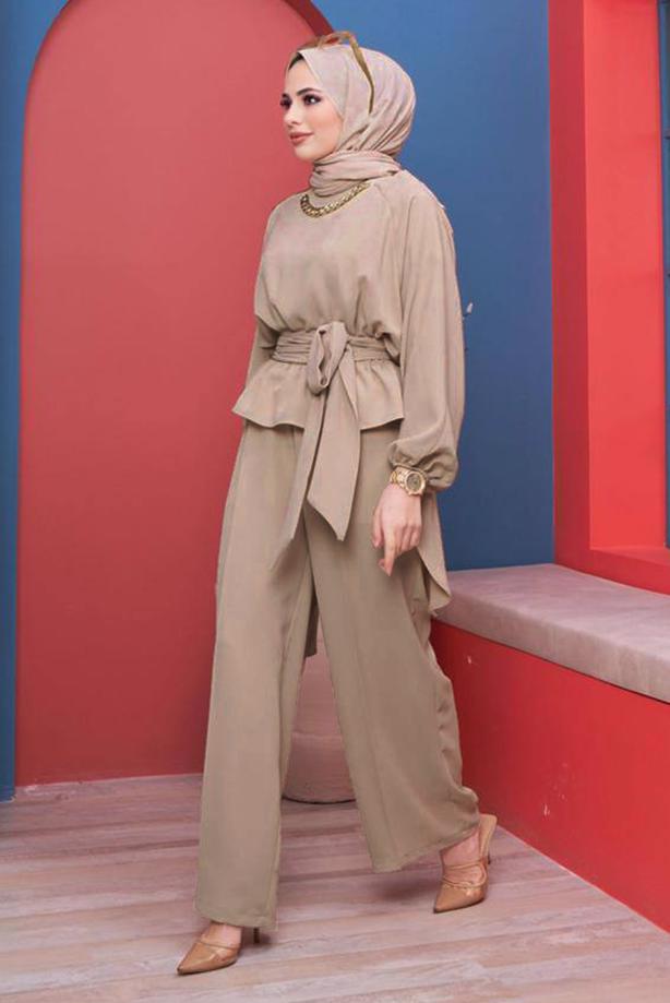 Vêtements hijab  CHAIN DETAIL TIED WAIST 2-PIECE PANTS SUIT 73051 - TRENDTESETTÜR