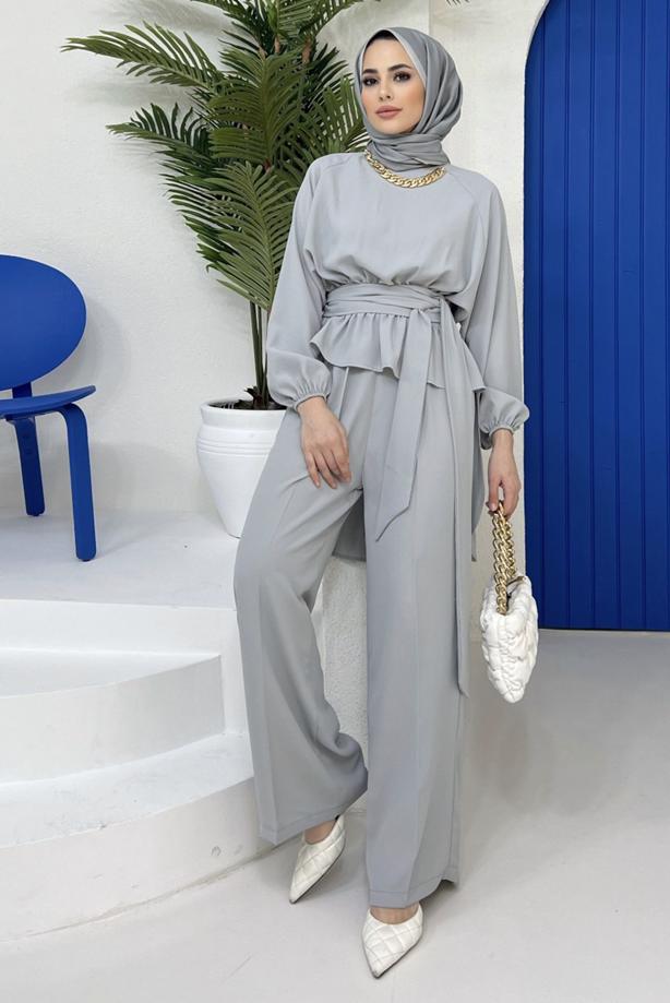 Vêtements hijab  CHAIN DETAIL TIED WAIST 2-PIECE PANTS SUIT 73051 - TRENDTESETTÜR