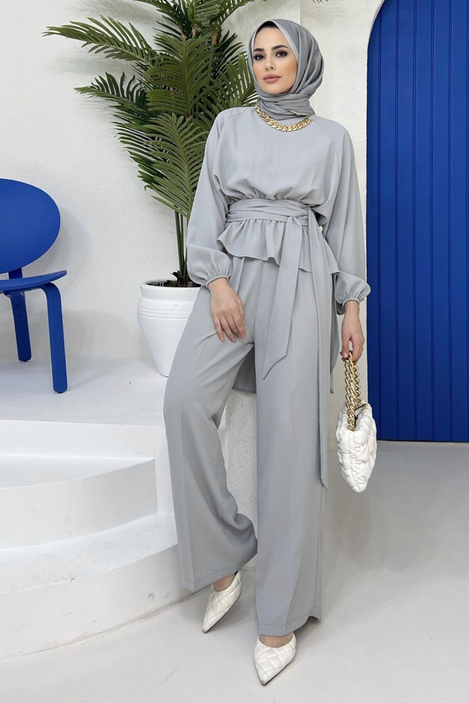 Vêtements hijab GRIS ENSEMBLE PANTALON 2 PIÈCES AVEC CEINTURE ET CHAÎNE 73051	