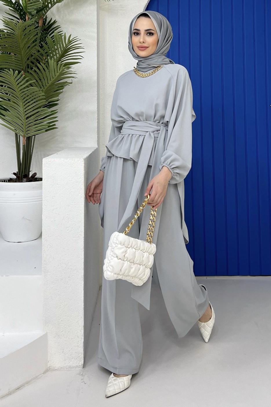 Vêtements hijab GRIS ENSEMBLE PANTALON 2 PIÈCES AVEC CEINTURE ET CHAÎNE 73051	