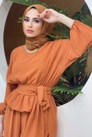 Tesettür giyim TURUNCU ZİNCİR DETAYLI BELDEN BAĞLAMALI İKİLİ PANT. TAKIM 73051	