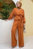 Tesettür giyim TURUNCU ZİNCİR DETAYLI BELDEN BAĞLAMALI İKİLİ PANT. TAKIM 73051	