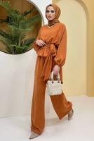 Tesettür giyim TURUNCU ZİNCİR DETAYLI BELDEN BAĞLAMALI İKİLİ PANT. TAKIM 73051	