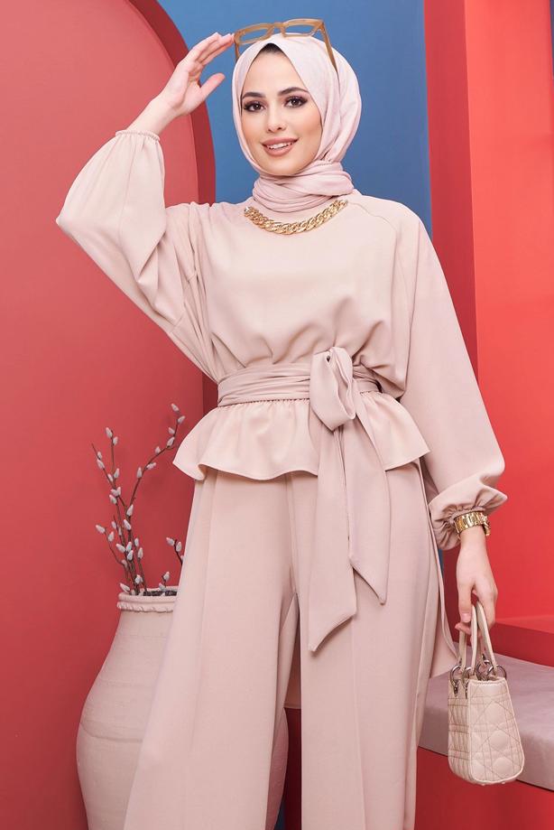 Vêtements hijab  CHAIN DETAIL TIED WAIST 2-PIECE PANTS SUIT 73051 - TRENDTESETTÜR