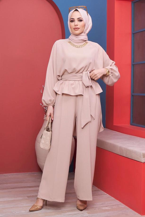 Vêtements hijab  CHAIN DETAIL TIED WAIST 2-PIECE PANTS SUIT 73051 - TRENDTESETTÜR