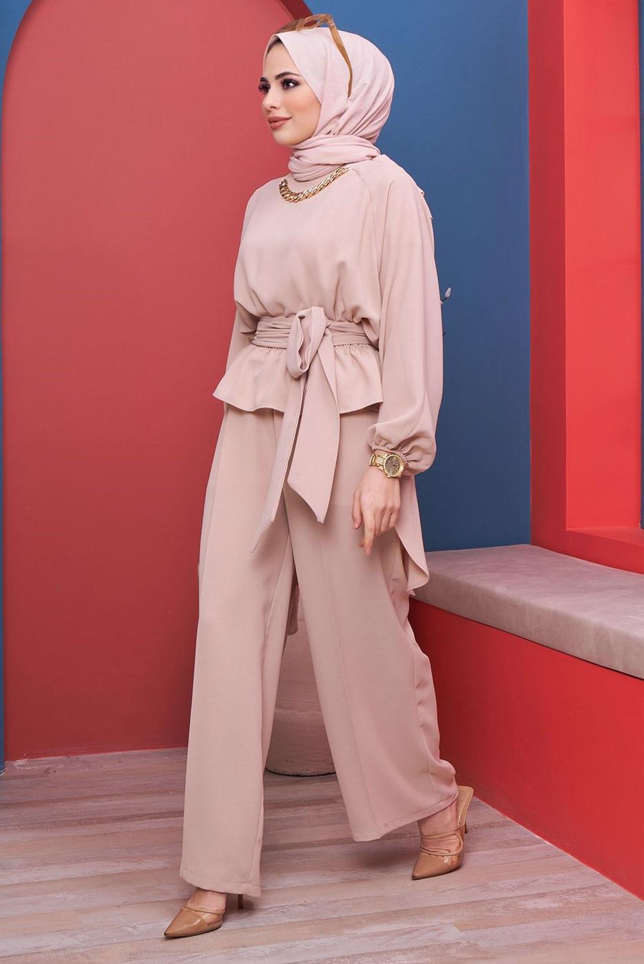 Vêtements hijab POUDRE ENSEMBLE PANTALON 2 PIÈCES AVEC CEINTURE ET CHAÎNE 73051	