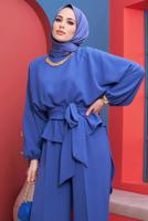 Hijab clothing NAVY BLUE CHAIN DETAIL TIED WAIST 2-PIECE PANTS SUIT 73051