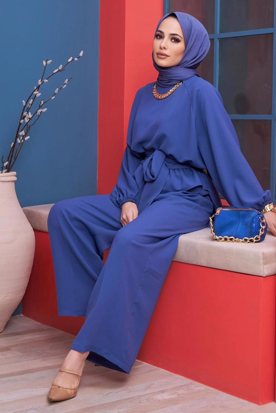 Hijab clothing NAVY BLUE CHAIN DETAIL TIED WAIST 2-PIECE PANTS SUIT 73051