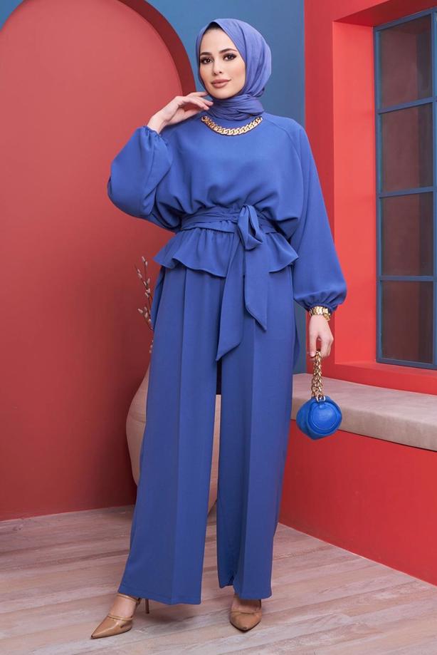 Hijab clothing  CHAIN DETAIL TIED WAIST 2-PIECE PANTS SUIT 73051 - TRENDTESETTÜR