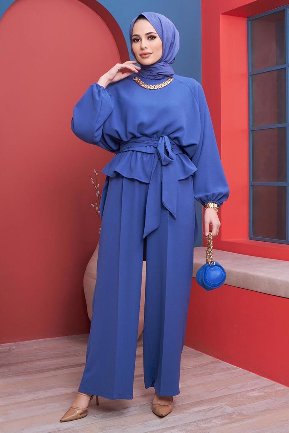 Hijab clothing NAVY BLUE CHAIN DETAIL TIED WAIST 2-PIECE PANTS SUIT 73051