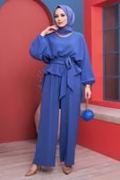 Hijab clothing NAVY BLUE CHAIN DETAIL TIED WAIST 2-PIECE PANTS SUIT 73051