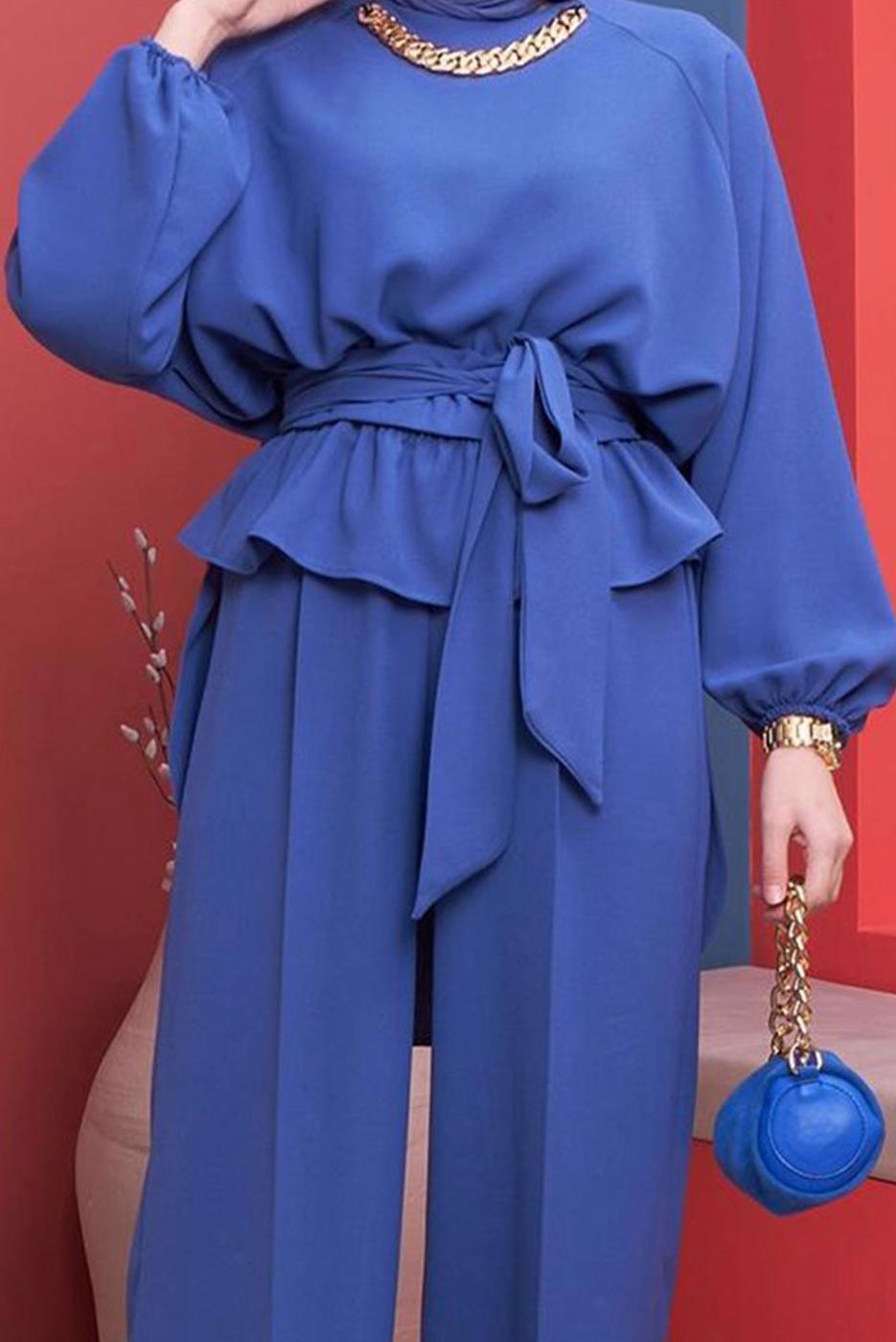 Hijab clothing NAVY BLUE CHAIN DETAIL TIED WAIST 2-PIECE PANTS SUIT 73051