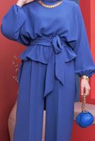 Hijab clothing NAVY BLUE CHAIN DETAIL TIED WAIST 2-PIECE PANTS SUIT 73051