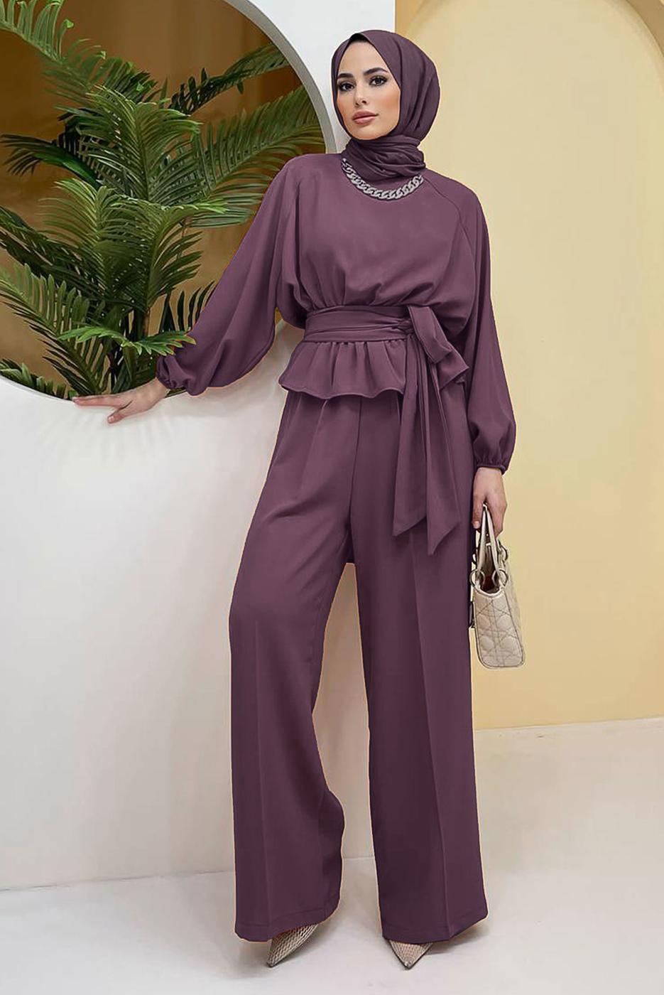 Hijab clothing PINK CHAIN DETAIL TIED WAIST 2-PIECE PANTS SUIT 73051