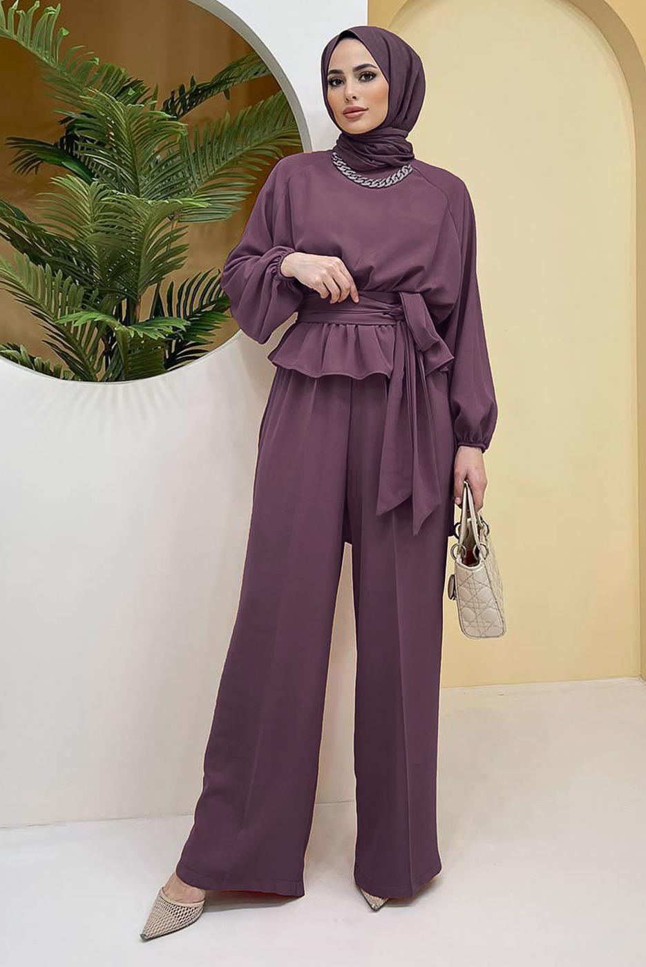 Hijab clothing PINK CHAIN DETAIL TIED WAIST 2-PIECE PANTS SUIT 73051