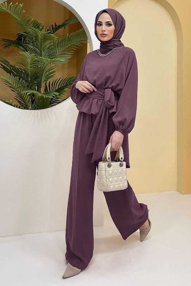 Vêtements hijab  CHAIN DETAIL TIED WAIST 2-PIECE PANTS SUIT 73051 - TRENDTESETTÜR