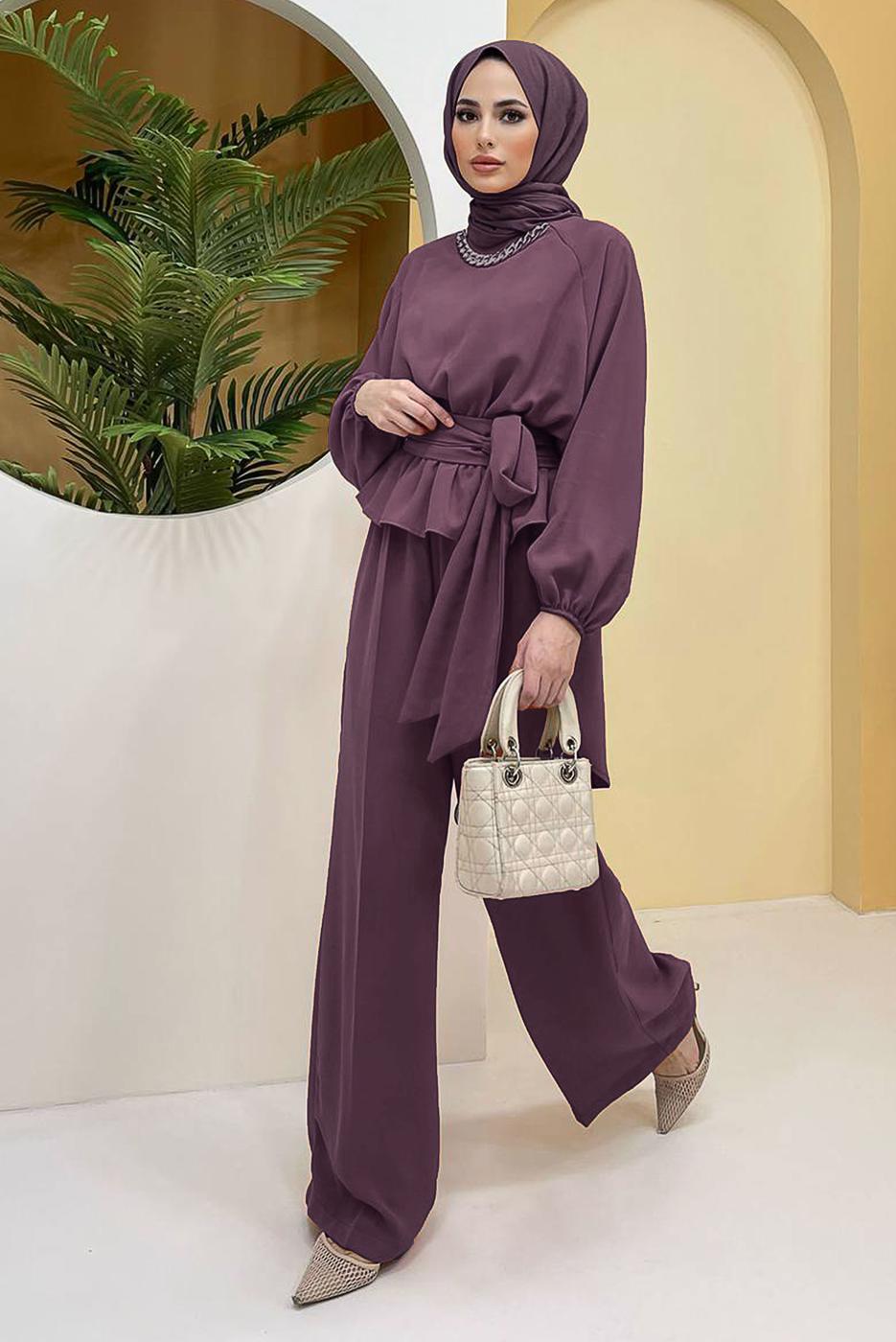 Hijab clothing PINK CHAIN DETAIL TIED WAIST 2-PIECE PANTS SUIT 73051