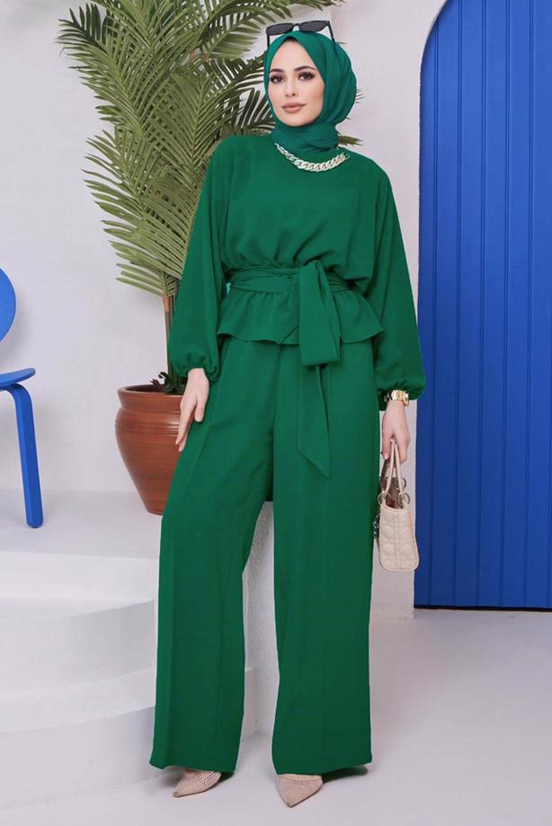 Hijab clothing  CHAIN DETAIL TIED WAIST 2-PIECE PANTS SUIT 73051 - TRENDTESETTÜR