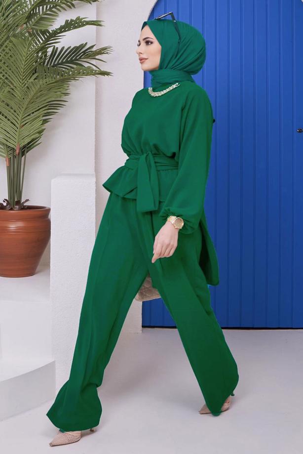 Hijab clothing  CHAIN DETAIL TIED WAIST 2-PIECE PANTS SUIT 73051 - TRENDTESETTÜR