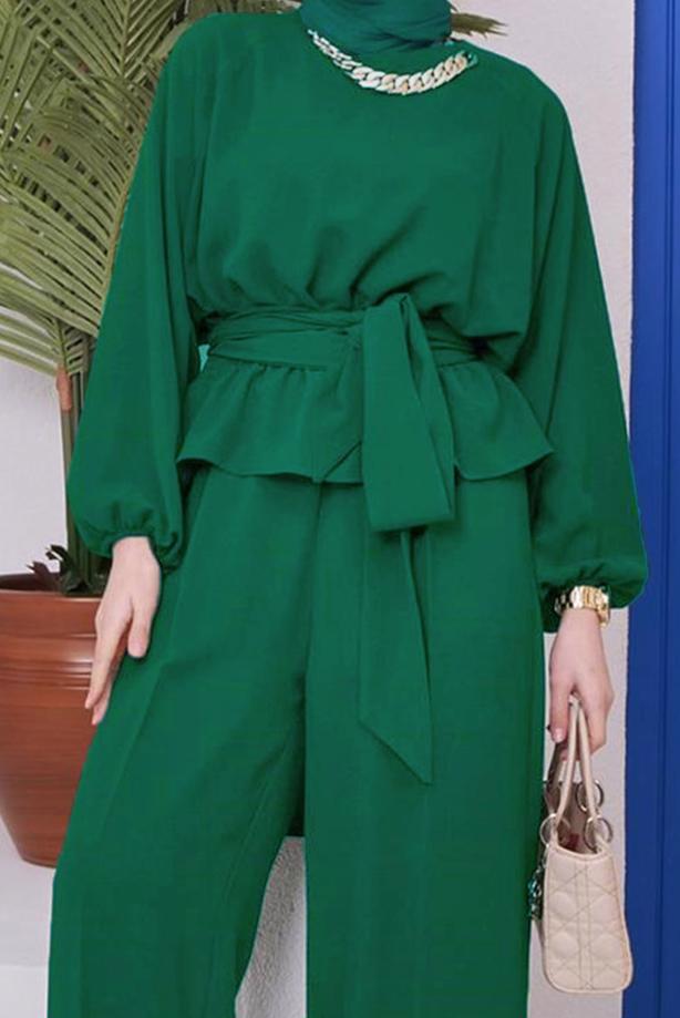 Hijab clothing  CHAIN DETAIL TIED WAIST 2-PIECE PANTS SUIT 73051 - TRENDTESETTÜR