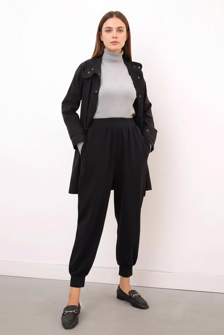 Tesettür giyim SİYAH PAÇASI LASTİKLİ PANTOLON 88007 