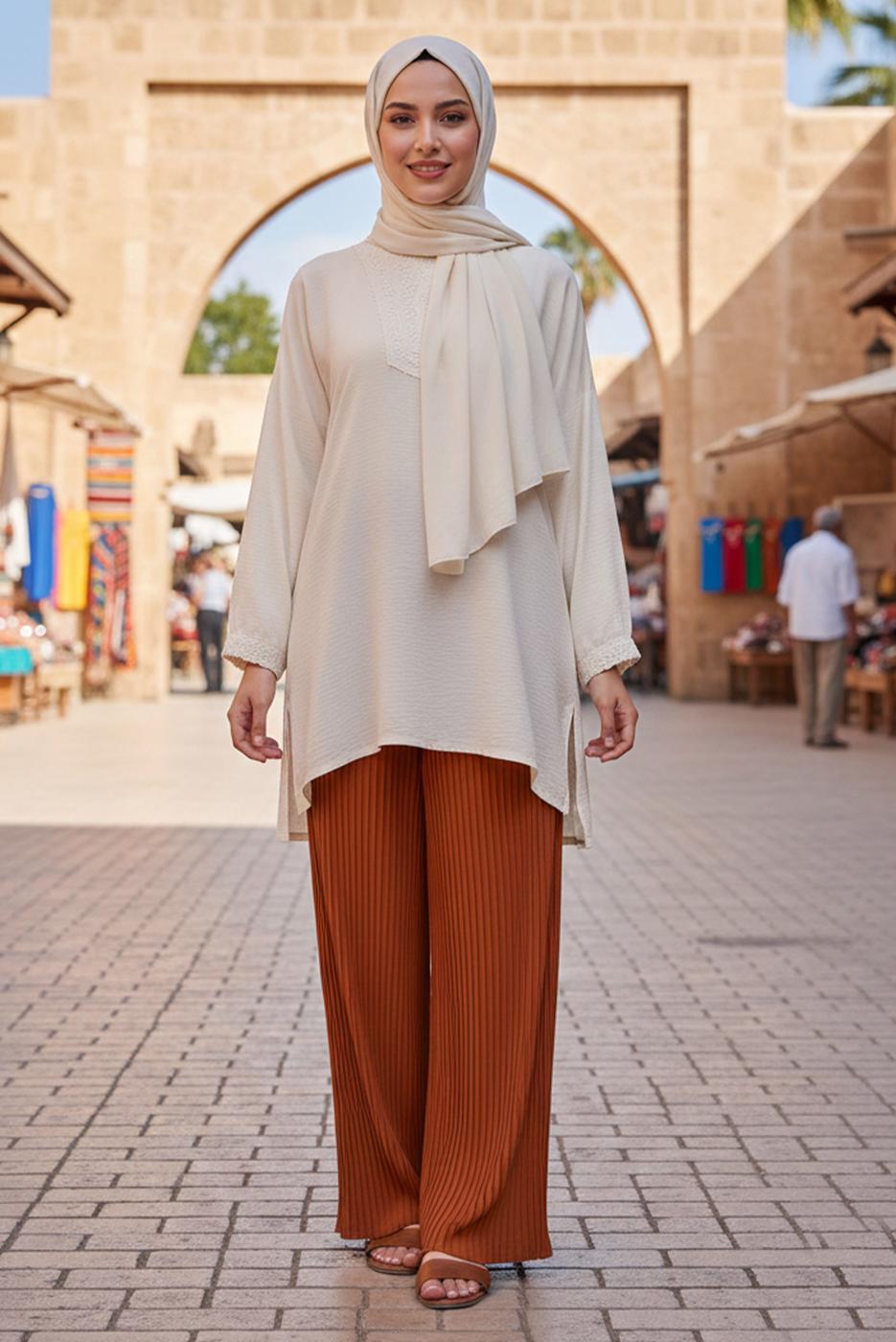 Tesettür giyim KAHVE PİLİSELİ PANTOLON 9210 