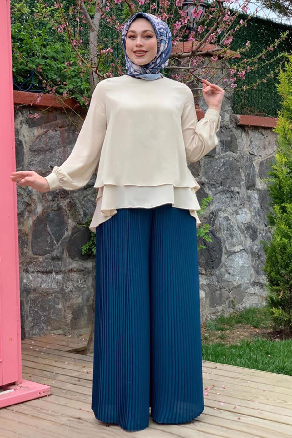 Tesettür giyim MAVİ PİLİSELİ PANTOLON 9210 