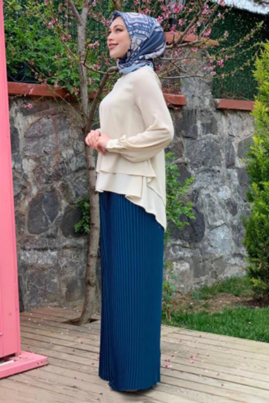 Tesettür giyim MAVİ PİLİSELİ PANTOLON 9210 