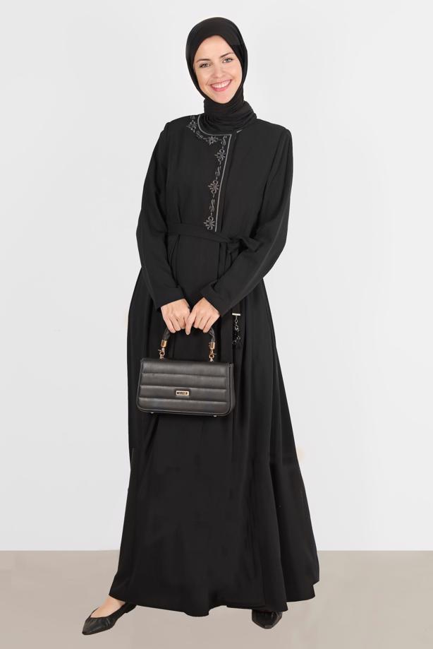 Hijab clothing BLACK ALVINA EMBROIDERED TOPCOAT T 10580 - TRENDTESETTÜR