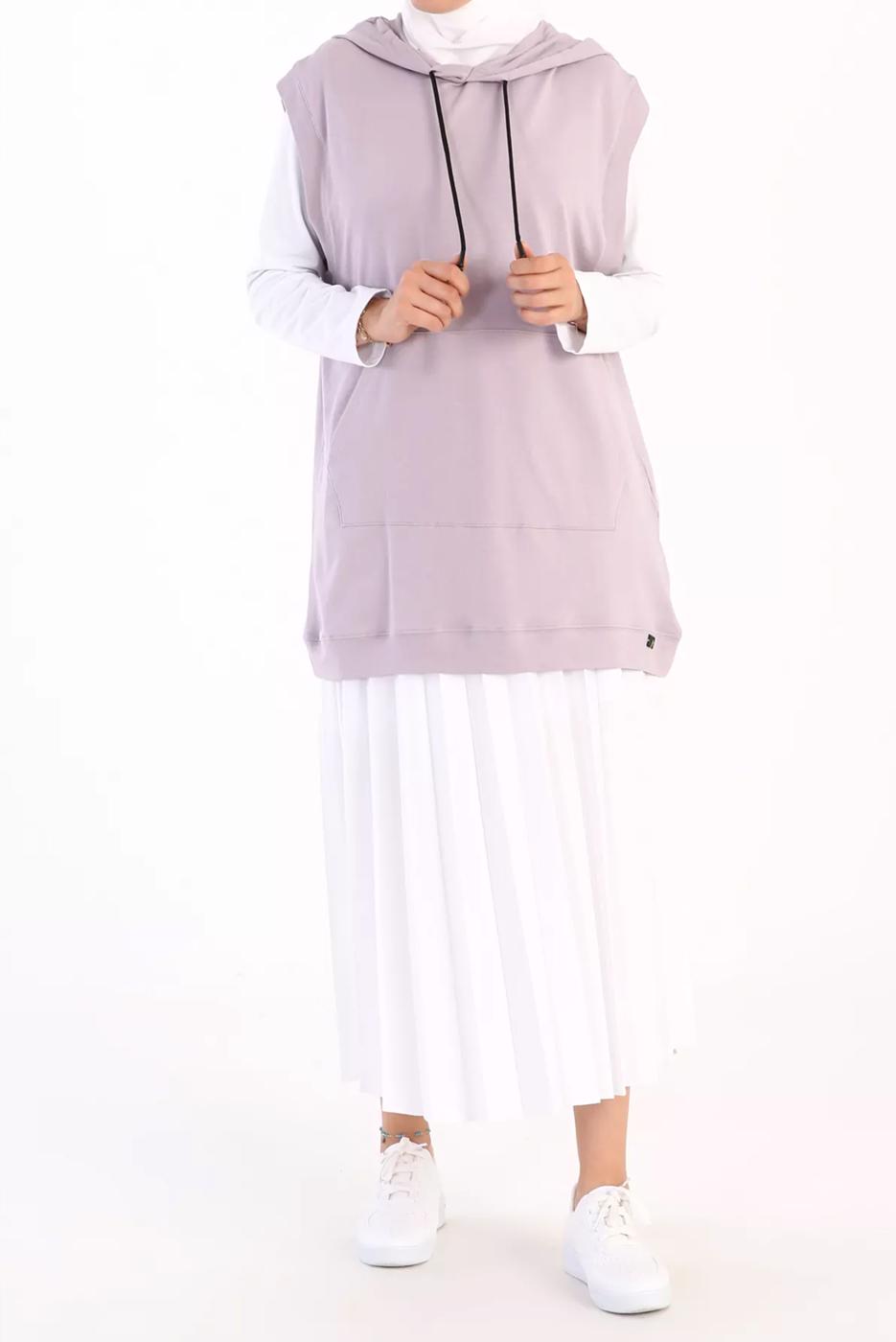 Tesettür giyim MOR KAPÜŞONLU CEPLİ PAMUKLU SÜVETER 60059 