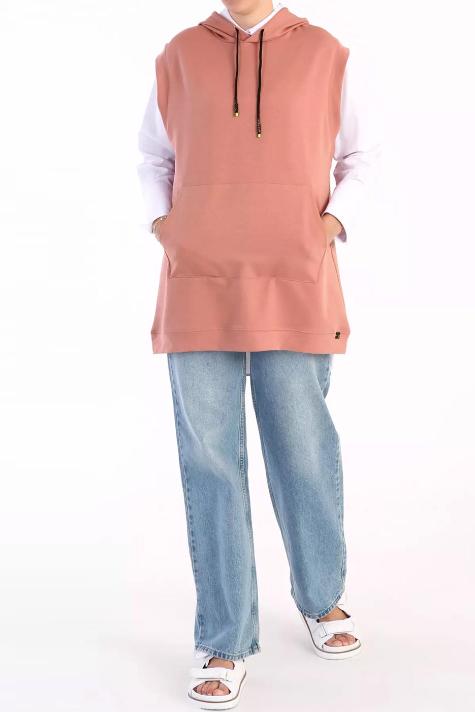 Tesettür giyim PEMBE KAPÜŞONLU CEPLİ PAMUKLU SÜVETER 60059 