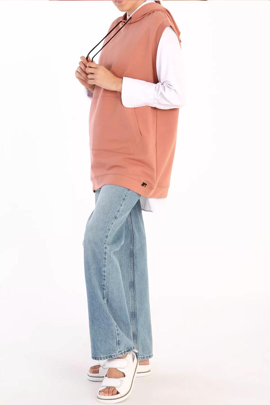 Tesettür giyim PEMBE KAPÜŞONLU CEPLİ PAMUKLU SÜVETER 60059 