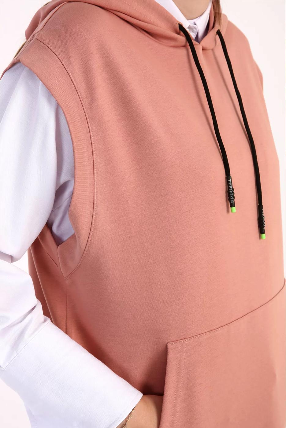 Tesettür giyim PEMBE KAPÜŞONLU CEPLİ PAMUKLU SÜVETER 60059 