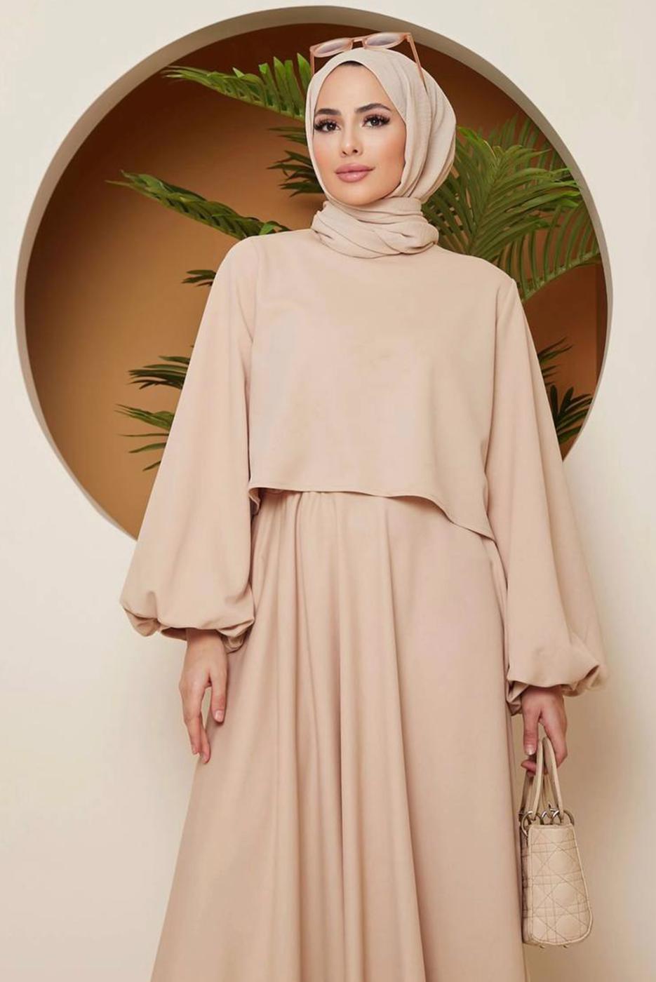 Tesettür giyim BEJ BALON KOLLU MEVLANA KESİM ETEKLİ TAKIM 16051 