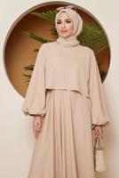 Tesettür giyim BEJ BALON KOLLU MEVLANA KESİM ETEKLİ TAKIM 16051 