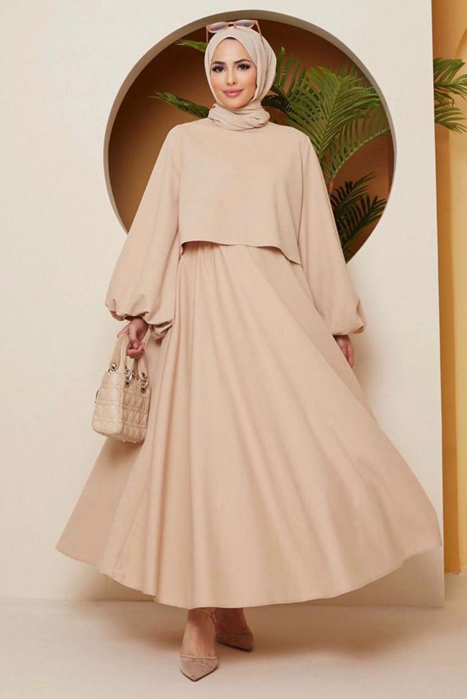 Tesettür giyim BEJ BALON KOLLU MEVLANA KESİM ETEKLİ TAKIM 16051 