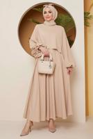 Tesettür giyim BEJ BALON KOLLU MEVLANA KESİM ETEKLİ TAKIM 16051 