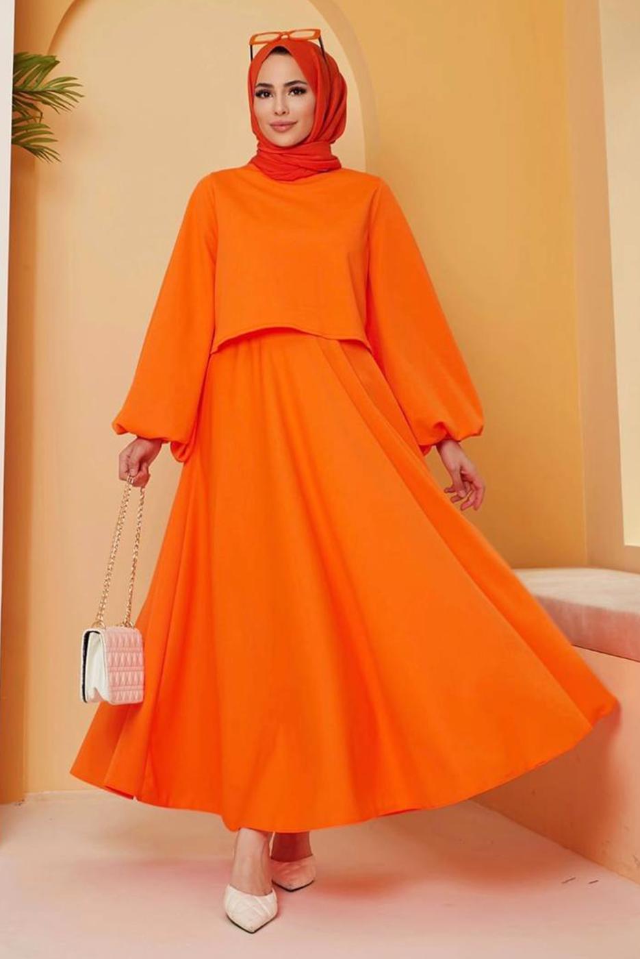 Hijab clothing ORANGE SKIRTED SUIT WITH BALLOON SLEEVES 16051