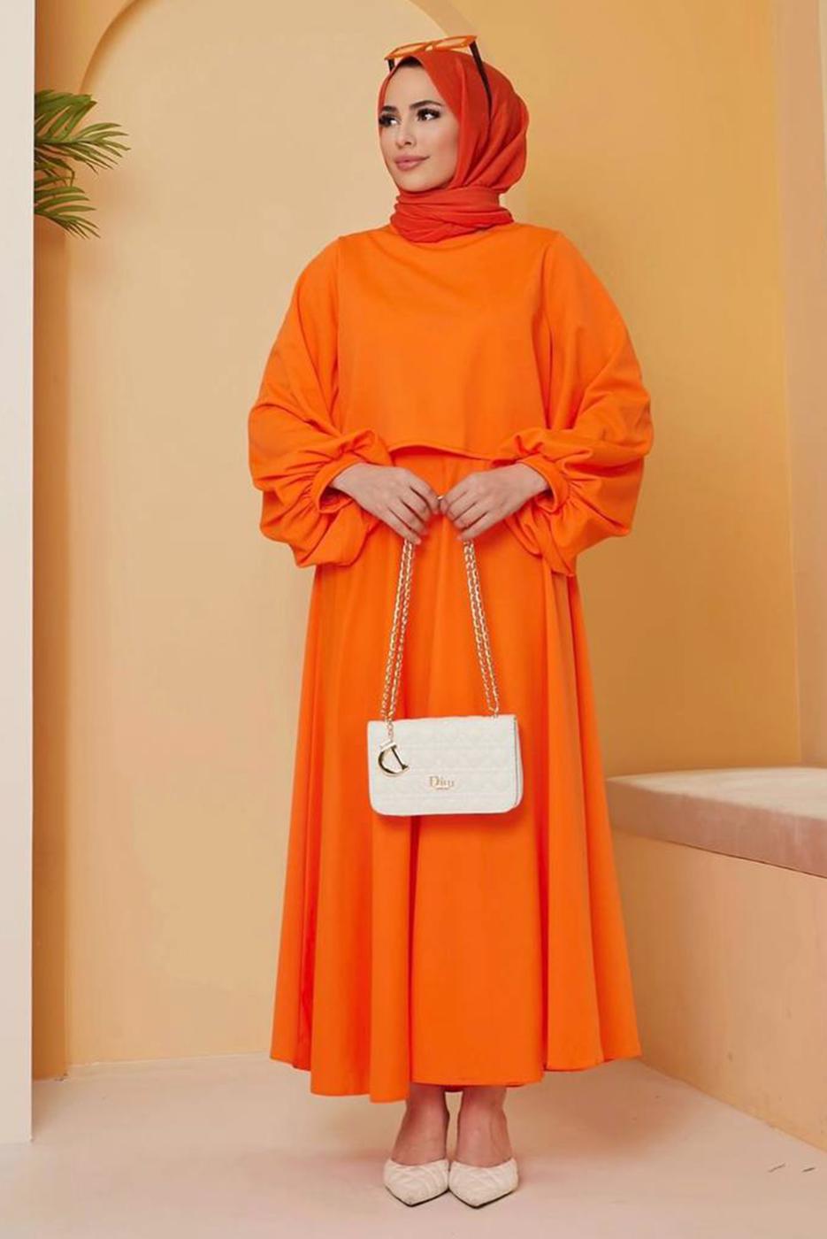 Hijab clothing ORANGE SKIRTED SUIT WITH BALLOON SLEEVES 16051