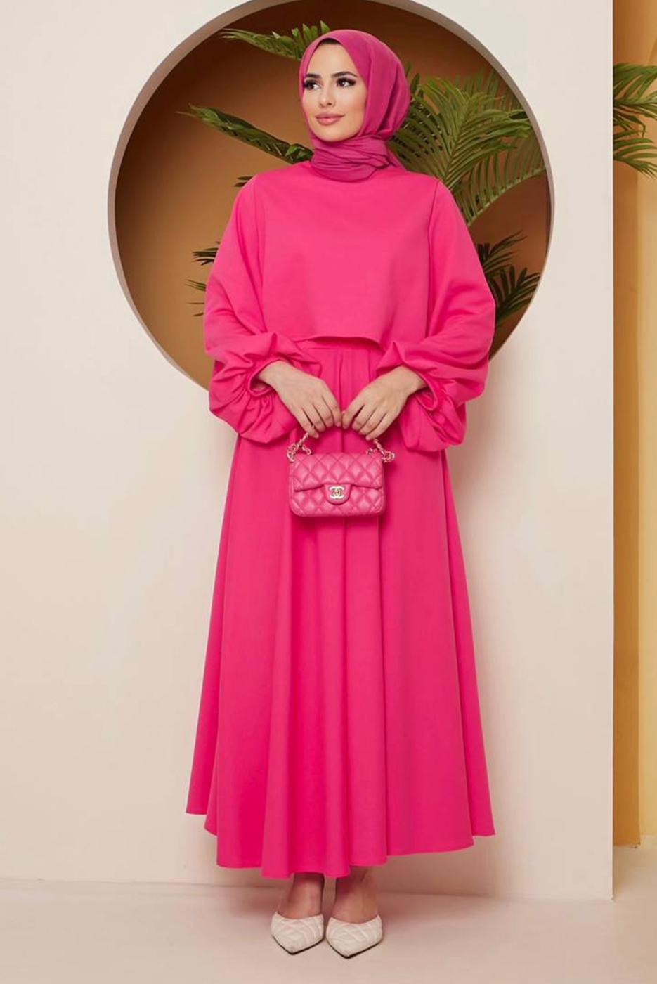 Vêtements hijab FUCHSIA COSTUME JUPE MANCHES BALLONS 16051