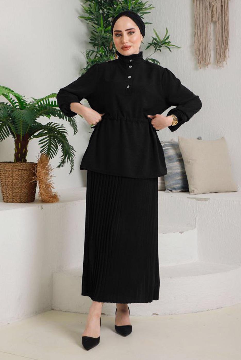 Tesettür giyim SİYAH PİLELİ ETEKLİ TAKIM 2942 