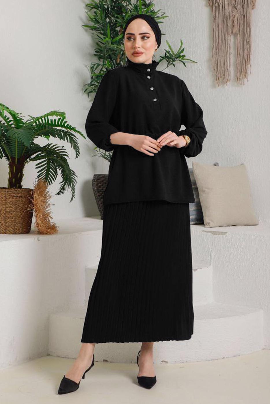 Tesettür giyim SİYAH PİLELİ ETEKLİ TAKIM 2942 
