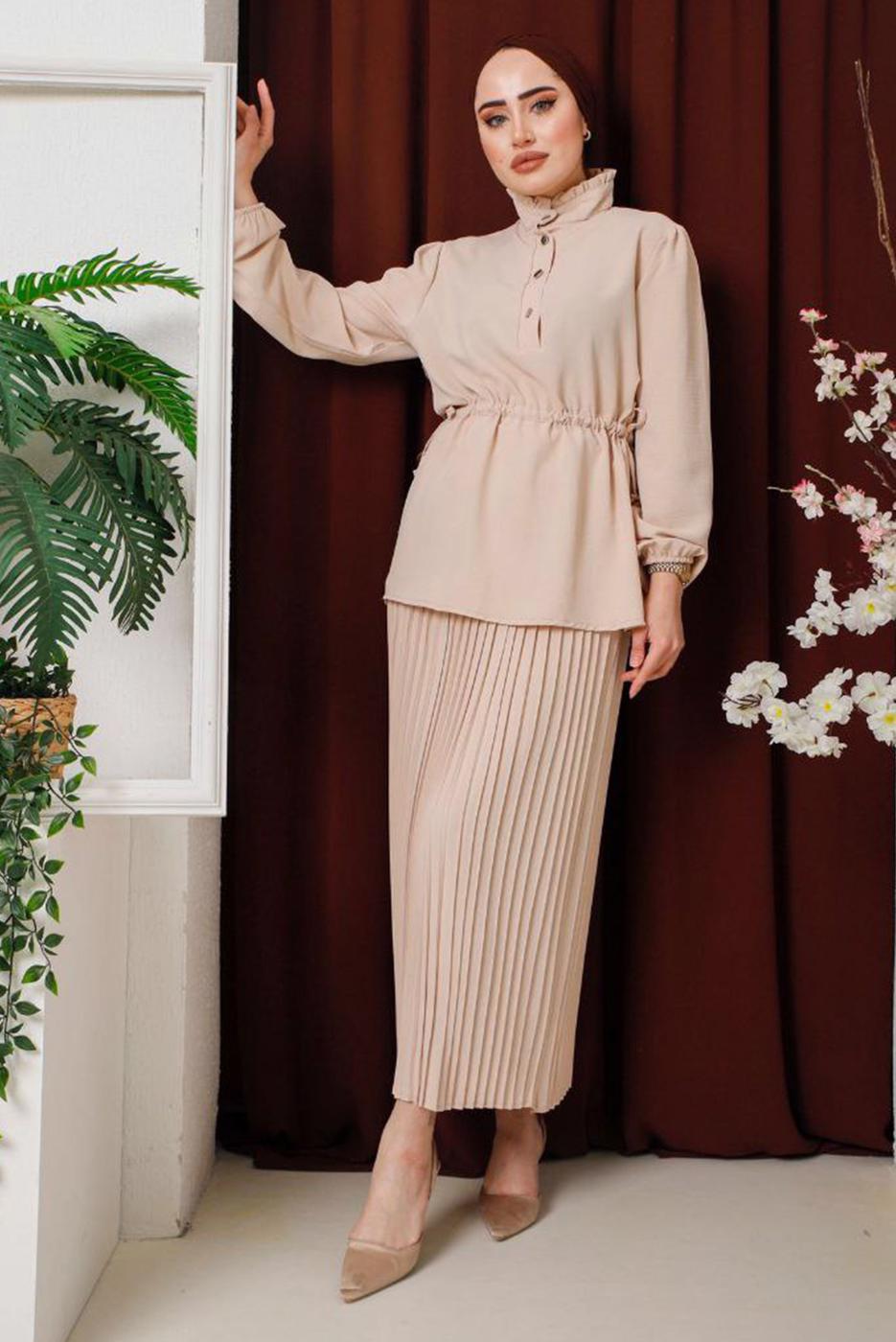 Tesettür giyim BEJ PİLELİ ETEKLİ TAKIM 2942 