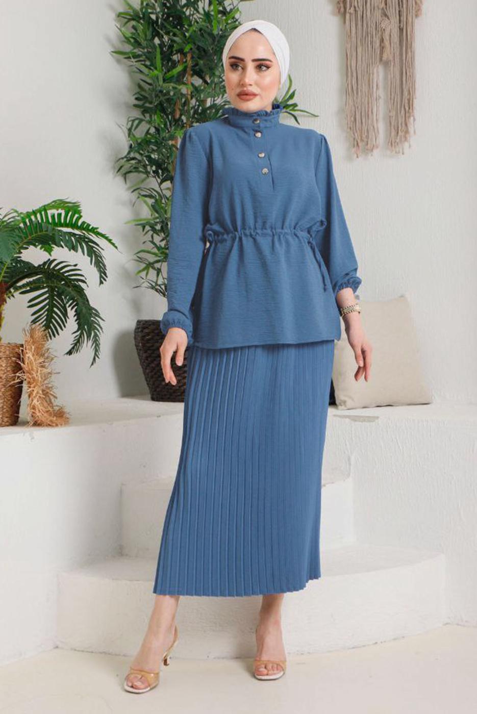 Tesettür giyim LACİVERT PİLELİ ETEKLİ TAKIM 2942 