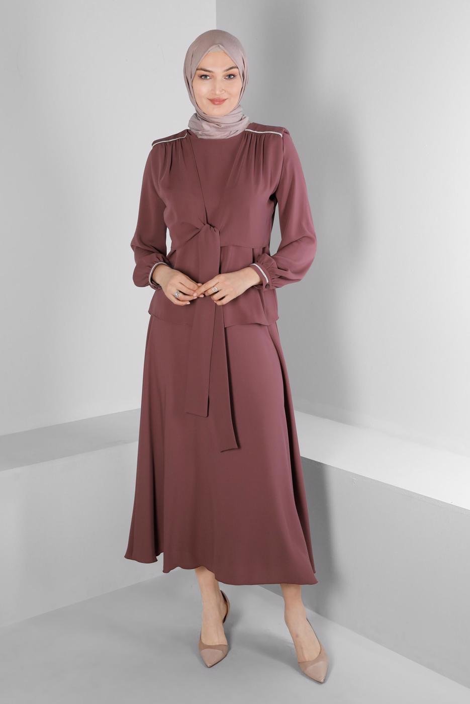 Tesettür giyim PEMBE ALVİNA BAĞLAMA DETAYLI ETEKLİ TAKIM T 42519 