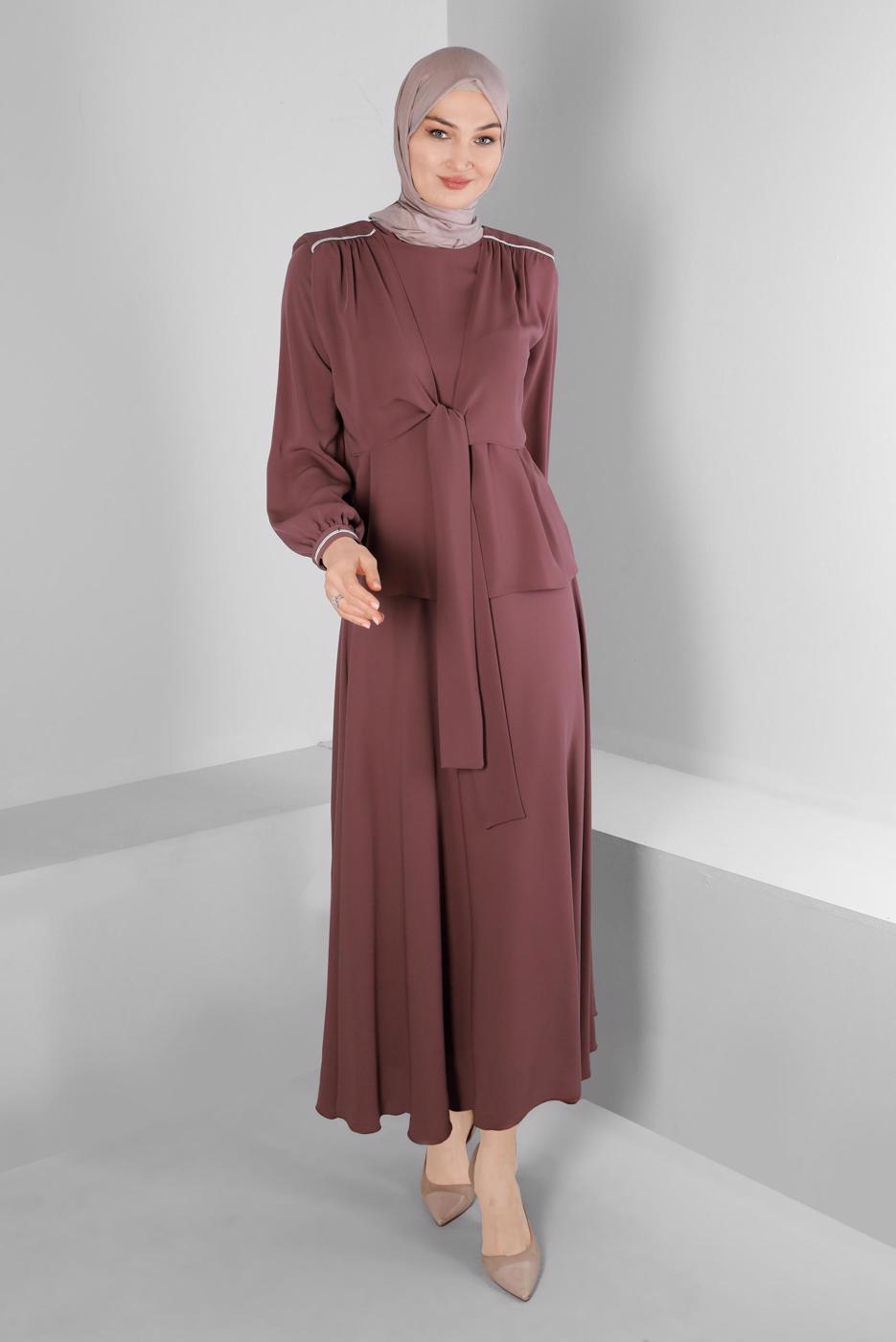 Tesettür giyim PEMBE ALVİNA BAĞLAMA DETAYLI ETEKLİ TAKIM T 42519 