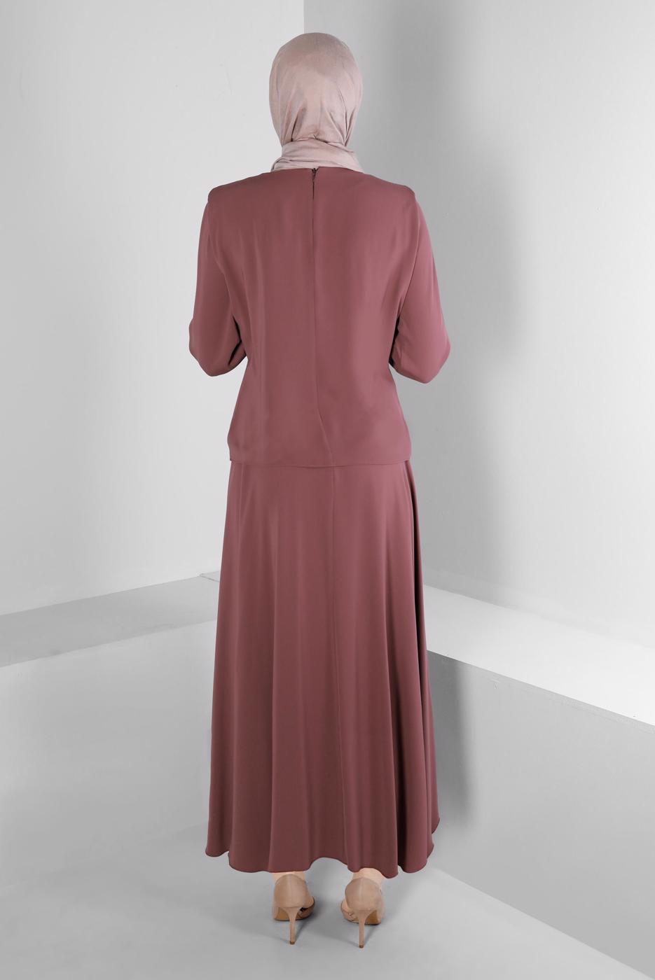 Tesettür giyim PEMBE ALVİNA BAĞLAMA DETAYLI ETEKLİ TAKIM T 42519 