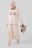 Tesettür giyim BEJ ALVİNA YAZI BASKILI ETEKLİ TAKIM T 42657 