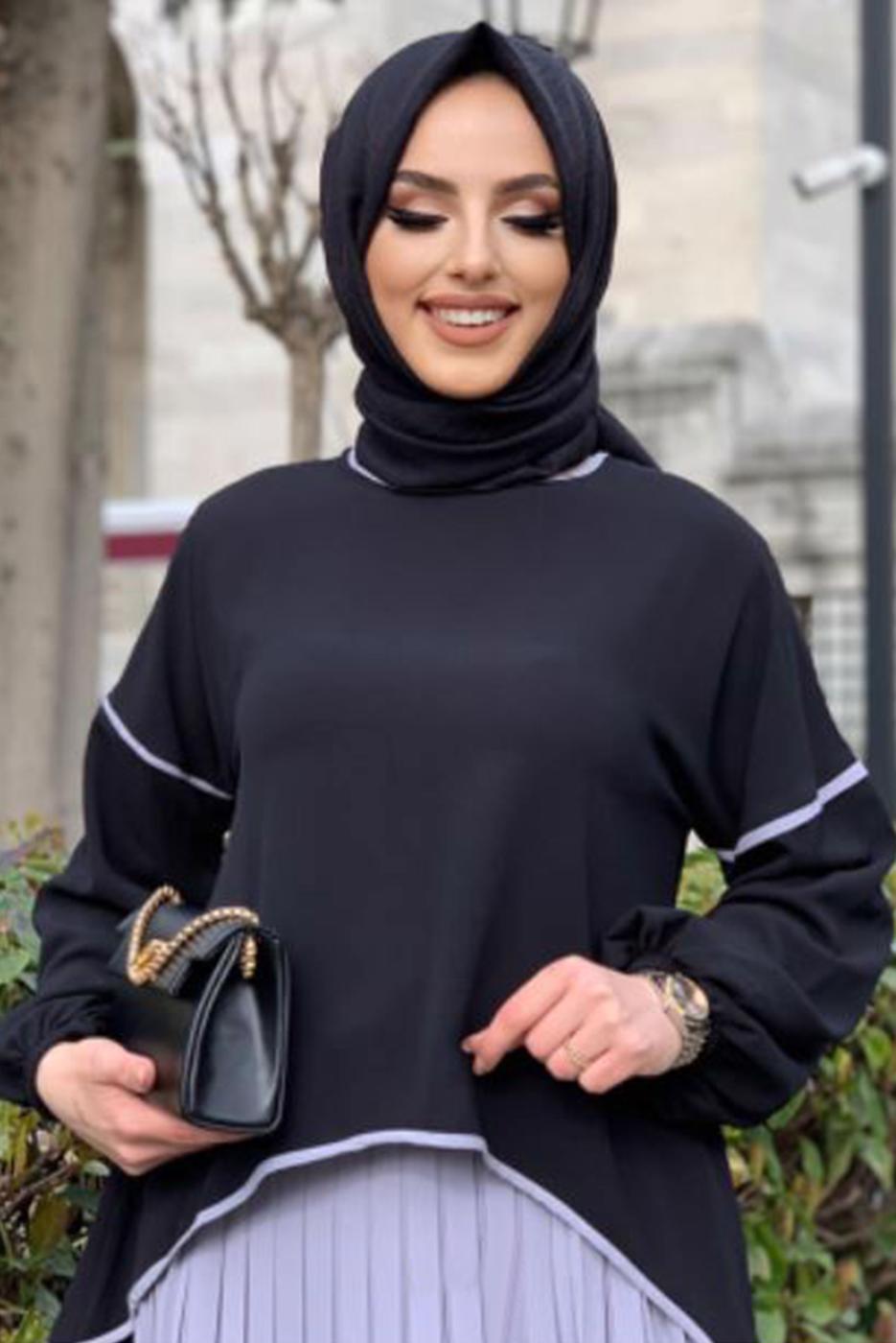 Tesettür giyim SİYAH ETEĞİ PİLİSELİ TAKIM 5518	